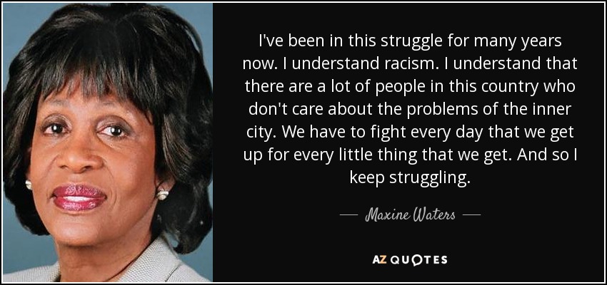 I've been in this struggle for many years now. I understand racism. I understand that there are a lot of people in this country who don't care about the problems of the inner city. We have to fight every day that we get up for every little thing that we get. And so I keep struggling. - Maxine Waters