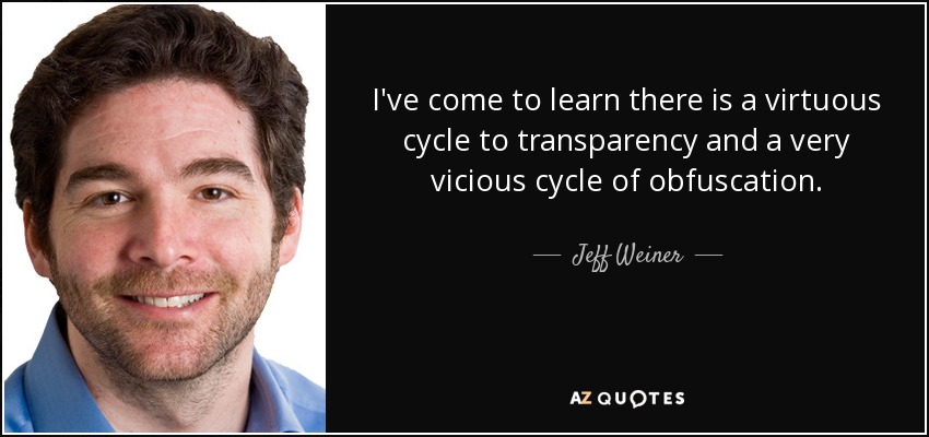 I've come to learn there is a virtuous cycle to transparency and a very vicious cycle of obfuscation. - Jeff Weiner
