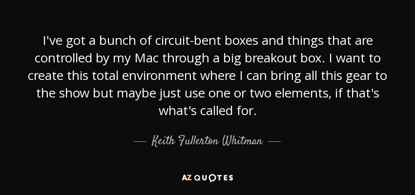 I've got a bunch of circuit-bent boxes and things that are controlled by my Mac through a big breakout box. I want to create this total environment where I can bring all this gear to the show but maybe just use one or two elements, if that's what's called for. - Keith Fullerton Whitman