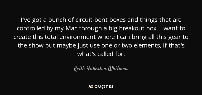 I've got a bunch of circuit-bent boxes and things that are controlled by my Mac through a big breakout box. I want to create this total environment where I can bring all this gear to the show but maybe just use one or two elements, if that's what's called for. - Keith Fullerton Whitman