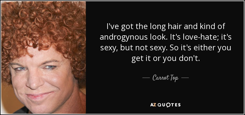 I've got the long hair and kind of androgynous look. It's love-hate; it's sexy, but not sexy. So it's either you get it or you don't. - Carrot Top