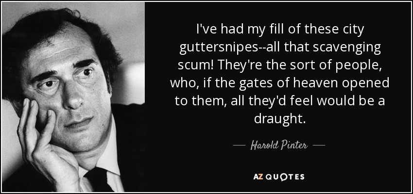 I've had my fill of these city guttersnipes--all that scavenging scum! They're the sort of people, who, if the gates of heaven opened to them, all they'd feel would be a draught. - Harold Pinter