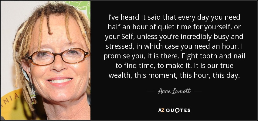 I’ve heard it said that every day you need half an hour of quiet time for yourself, or your Self, unless you’re incredibly busy and stressed, in which case you need an hour. I promise you, it is there. Fight tooth and nail to find time, to make it. It is our true wealth, this moment, this hour, this day. - Anne Lamott