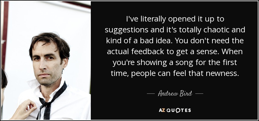 I've literally opened it up to suggestions and it's totally chaotic and kind of a bad idea. You don't need the actual feedback to get a sense. When you're showing a song for the first time, people can feel that newness. - Andrew Bird