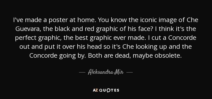 I've made a poster at home. You know the iconic image of Che Guevara, the black and red graphic of his face? I think it's the perfect graphic, the best graphic ever made. I cut a Concorde out and put it over his head so it's Che looking up and the Concorde going by. Both are dead, maybe obsolete. - Aleksandra Mir