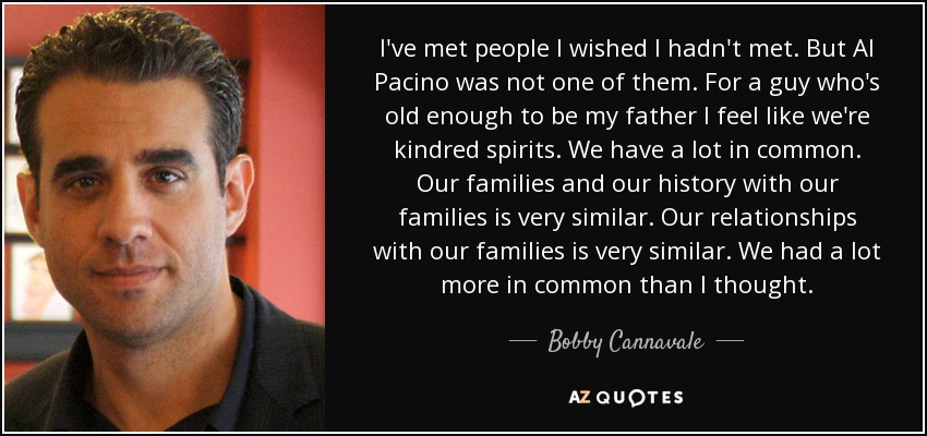 I've met people I wished I hadn't met. But Al Pacino was not one of them. For a guy who's old enough to be my father I feel like we're kindred spirits. We have a lot in common. Our families and our history with our families is very similar. Our relationships with our families is very similar. We had a lot more in common than I thought. - Bobby Cannavale