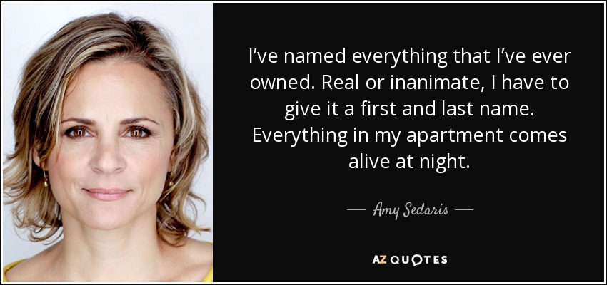 I’ve named everything that I’ve ever owned. Real or inanimate, I have to give it a first and last name. Everything in my apartment comes alive at night. - Amy Sedaris