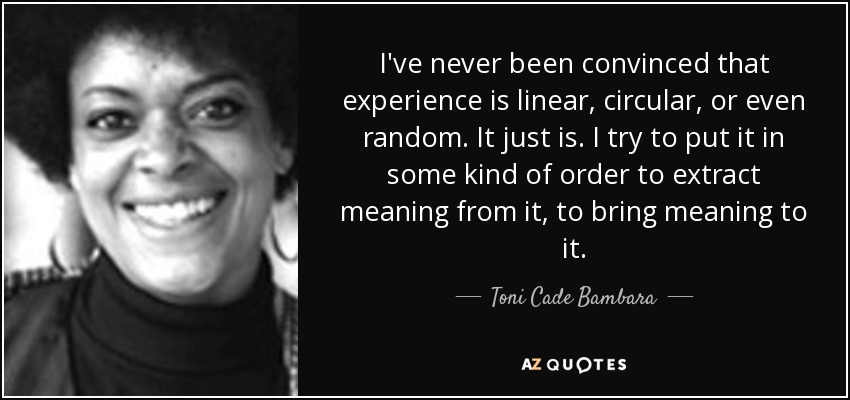 I've never been convinced that experience is linear, circular, or even random. It just is. I try to put it in some kind of order to extract meaning from it, to bring meaning to it. - Toni Cade Bambara