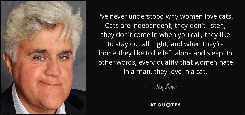 I've never understood why women love cats. Cats are independent, they don't listen, they don't come in when you call, they like to stay out all night, and when they're home they like to be left alone and sleep. In other words, every quality that women hate in a man, they love in a cat. - Jay Leno