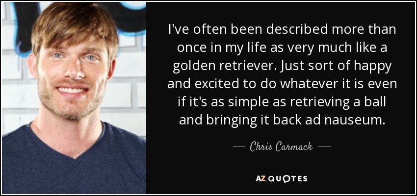 I've often been described more than once in my life as very much like a golden retriever. Just sort of happy and excited to do whatever it is even if it's as simple as retrieving a ball and bringing it back ad nauseum. - Chris Carmack
