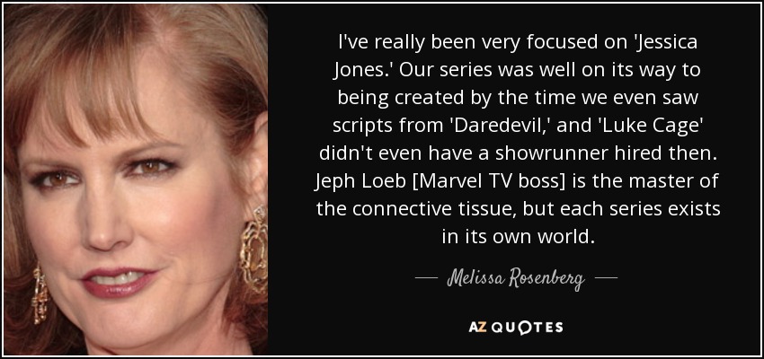 I've really been very focused on 'Jessica Jones.' Our series was well on its way to being created by the time we even saw scripts from 'Daredevil,' and 'Luke Cage' didn't even have a showrunner hired then. Jeph Loeb [Marvel TV boss] is the master of the connective tissue, but each series exists in its own world. - Melissa Rosenberg