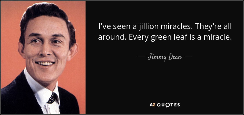 I've seen a jillion miracles. They're all around. Every green leaf is a miracle. - Jimmy Dean