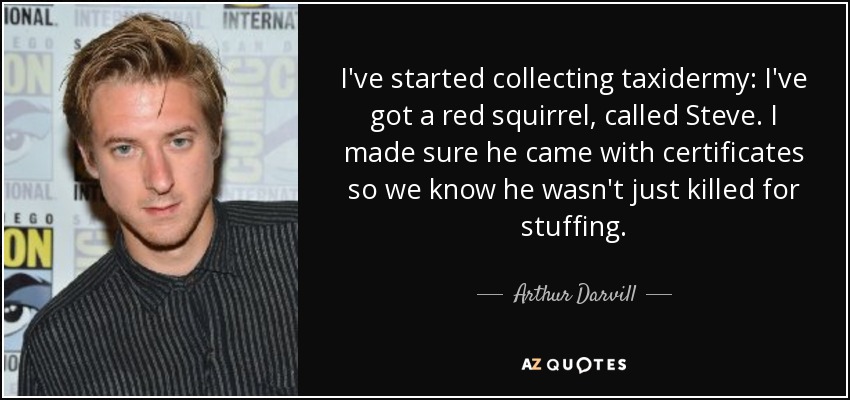 I've started collecting taxidermy: I've got a red squirrel, called Steve. I made sure he came with certificates so we know he wasn't just killed for stuffing. - Arthur Darvill
