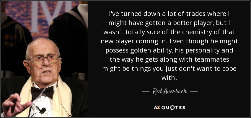 I've turned down a lot of trades where I might have gotten a better player, but I wasn't totally sure of the chemistry of that new player coming in. Even though he might possess golden ability, his personality and the way he gets along with teammates might be things you just don't want to cope with. - Red Auerbach