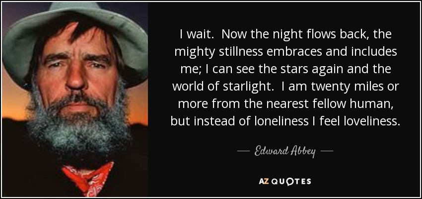 I wait. Now the night flows back, the mighty stillness embraces and includes me; I can see the stars again and the world of starlight. I am twenty miles or more from the nearest fellow human, but instead of loneliness I feel loveliness. Loveliness and a quiet exultation. - Edward Abbey