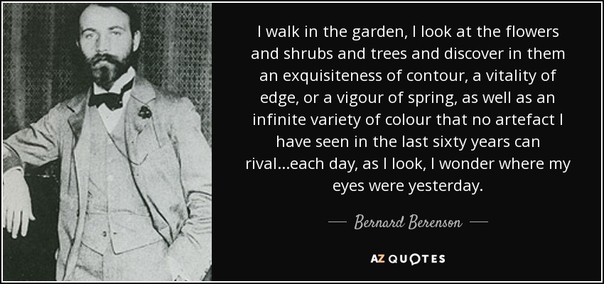 I walk in the garden, I look at the flowers and shrubs and trees and discover in them an exquisiteness of contour, a vitality of edge, or a vigour of spring, as well as an infinite variety of colour that no artefact I have seen in the last sixty years can rival...each day, as I look, I wonder where my eyes were yesterday. - Bernard Berenson