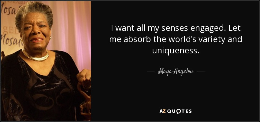 I want all my senses engaged. Let me absorb the world's variety and uniqueness. - Maya Angelou