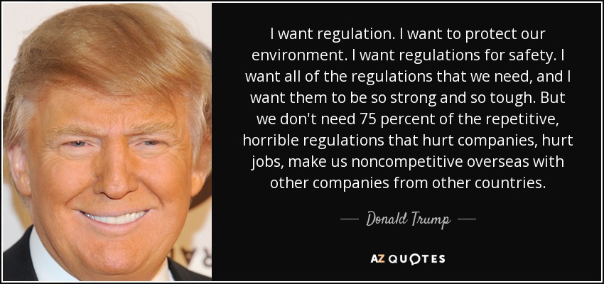 I want regulation. I want to protect our environment. I want regulations for safety. I want all of the regulations that we need, and I want them to be so strong and so tough. But we don't need 75 percent of the repetitive, horrible regulations that hurt companies, hurt jobs, make us noncompetitive overseas with other companies from other countries. - Donald Trump