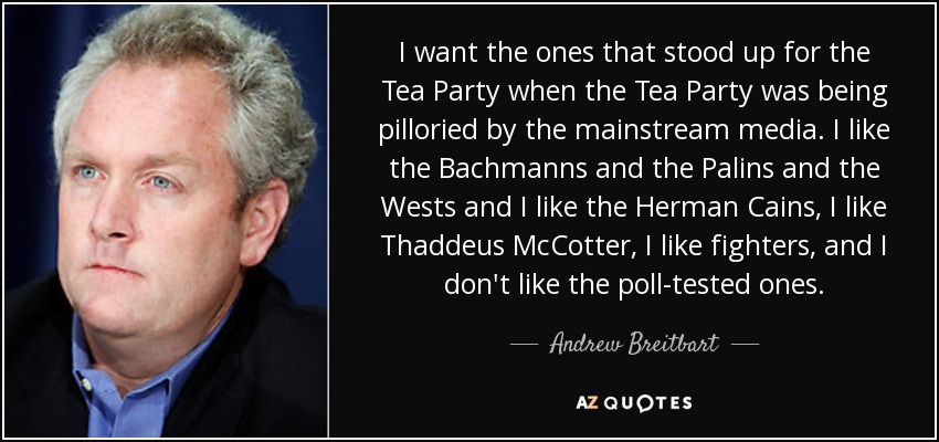 I want the ones that stood up for the Tea Party when the Tea Party was being pilloried by the mainstream media. I like the Bachmanns and the Palins and the Wests and I like the Herman Cains, I like Thaddeus McCotter, I like fighters, and I don't like the poll-tested ones. - Andrew Breitbart