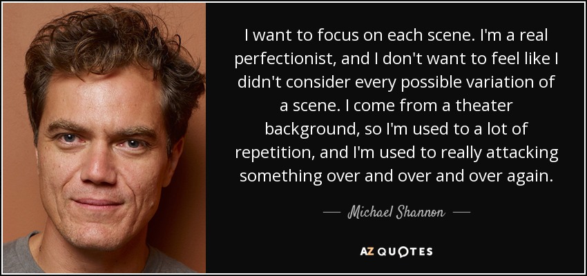 I want to focus on each scene. I'm a real perfectionist, and I don't want to feel like I didn't consider every possible variation of a scene. I come from a theater background, so I'm used to a lot of repetition, and I'm used to really attacking something over and over and over again. - Michael Shannon