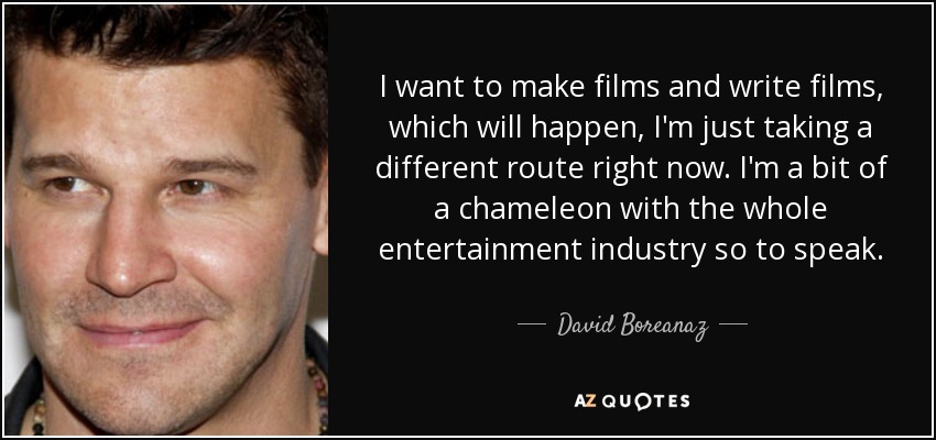 I want to make films and write films, which will happen, I'm just taking a different route right now. I'm a bit of a chameleon with the whole entertainment industry so to speak. - David Boreanaz