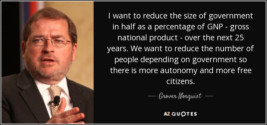 I want to reduce the size of government in half as a percentage of GNP - gross national product - over the next 25 years. We want to reduce the number of people depending on government so there is more autonomy and more free citizens. - Grover Norquist