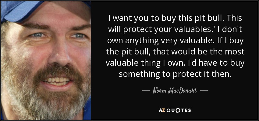 I want you to buy this pit bull. This will protect your valuables.' I don't own anything very valuable. If I buy the pit bull, that would be the most valuable thing I own. I'd have to buy something to protect it then. - Norm MacDonald