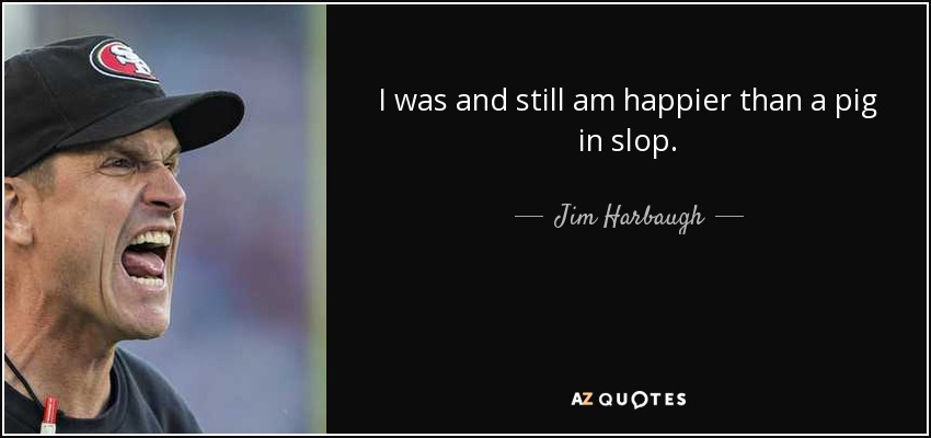 I was and still am happier than a pig in slop. - Jim Harbaugh