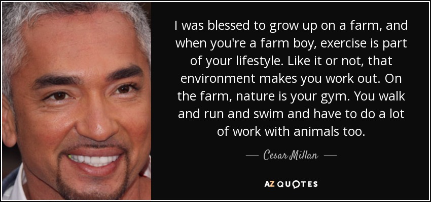 I was blessed to grow up on a farm, and when you're a farm boy, exercise is part of your lifestyle. Like it or not, that environment makes you work out. On the farm, nature is your gym. You walk and run and swim and have to do a lot of work with animals too. - Cesar Millan