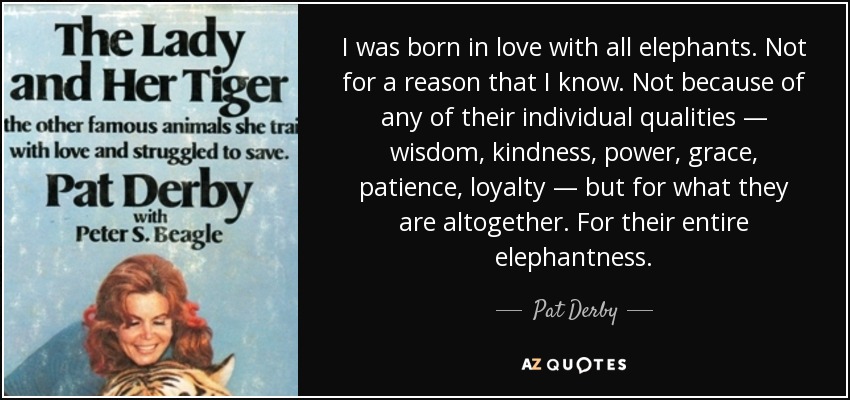 I was born in love with all elephants. Not for a reason that I know. Not because of any of their individual qualities — wisdom, kindness, power, grace, patience, loyalty — but for what they are altogether. For their entire elephantness. - Pat Derby