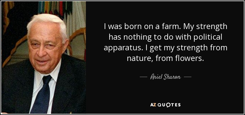 I was born on a farm. My strength has nothing to do with political apparatus. I get my strength from nature, from flowers. - Ariel Sharon