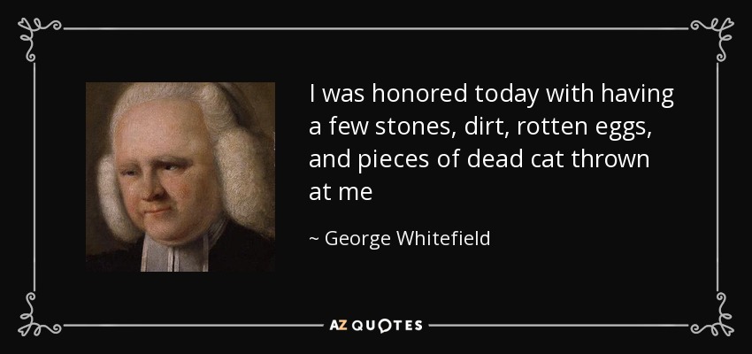 I was honored today with having a few stones, dirt, rotten eggs, and pieces of dead cat thrown at me - George Whitefield
