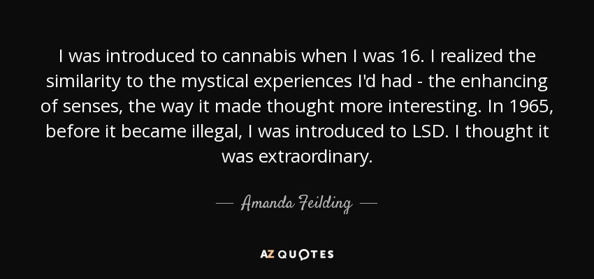 I was introduced to cannabis when I was 16. I realized the similarity to the mystical experiences I'd had - the enhancing of senses, the way it made thought more interesting. In 1965, before it became illegal, I was introduced to LSD. I thought it was extraordinary. - Amanda Feilding