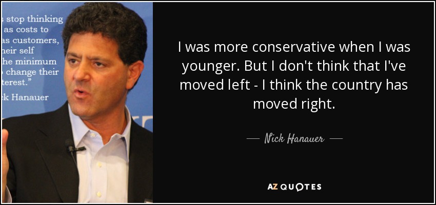 I was more conservative when I was younger. But I don't think that I've moved left - I think the country has moved right. - Nick Hanauer