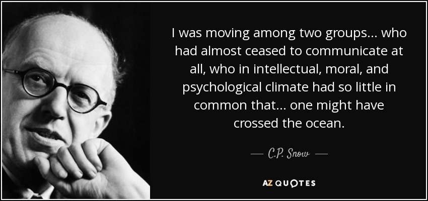 I was moving among two groups... who had almost ceased to communicate at all, who in intellectual, moral, and psychological climate had so little in common that... one might have crossed the ocean. - C.P. Snow