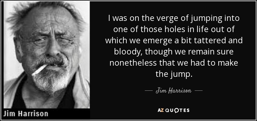 I was on the verge of jumping into one of those holes in life out of which we emerge a bit tattered and bloody, though we remain sure nonetheless that we had to make the jump. - Jim Harrison