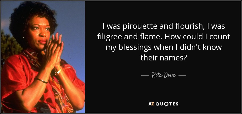 I was pirouette and flourish, I was filigree and flame. How could I count my blessings when I didn't know their names? - Rita Dove