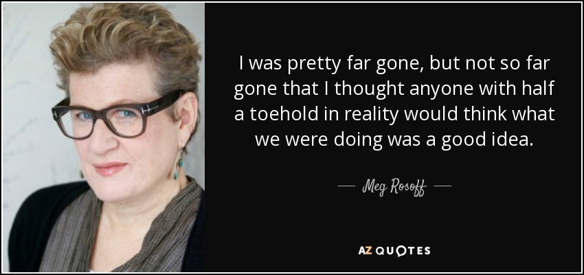 I was pretty far gone, but not so far gone that I thought anyone with half a toehold in reality would think what we were doing was a good idea. - Meg Rosoff