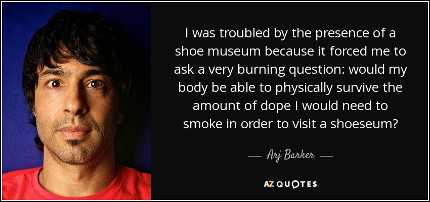 I was troubled by the presence of a shoe museum because it forced me to ask a very burning question: would my body be able to physically survive the amount of dope I would need to smoke in order to visit a shoeseum? - Arj Barker