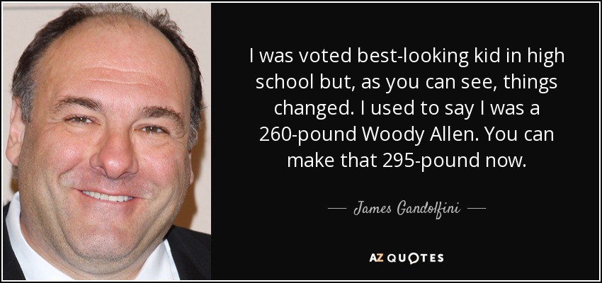 I was voted best-looking kid in high school but, as you can see, things changed. I used to say I was a 260-pound Woody Allen. You can make that 295-pound now. - James Gandolfini