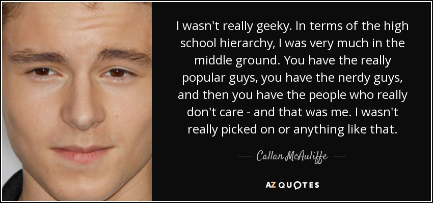 I wasn't really geeky. In terms of the high school hierarchy, I was very much in the middle ground. You have the really popular guys, you have the nerdy guys, and then you have the people who really don't care - and that was me. I wasn't really picked on or anything like that. - Callan McAuliffe