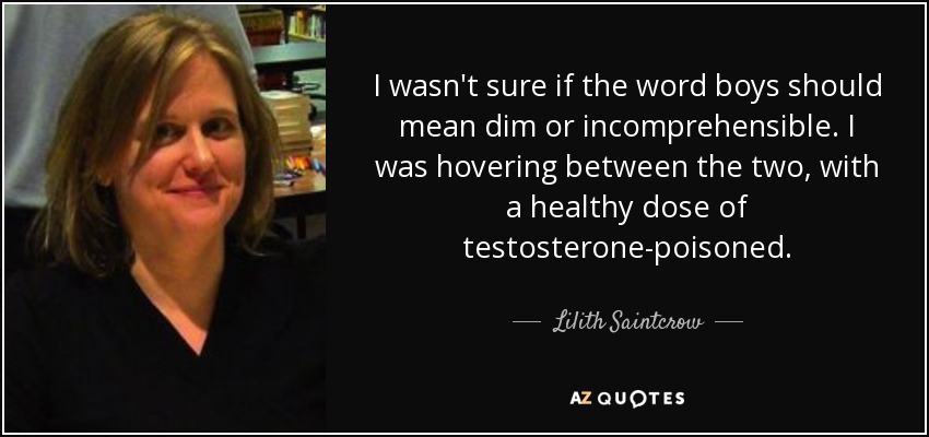 I wasn't sure if the word boys should mean dim or incomprehensible. I was hovering between the two, with a healthy dose of testosterone-poisoned. - Lilith Saintcrow