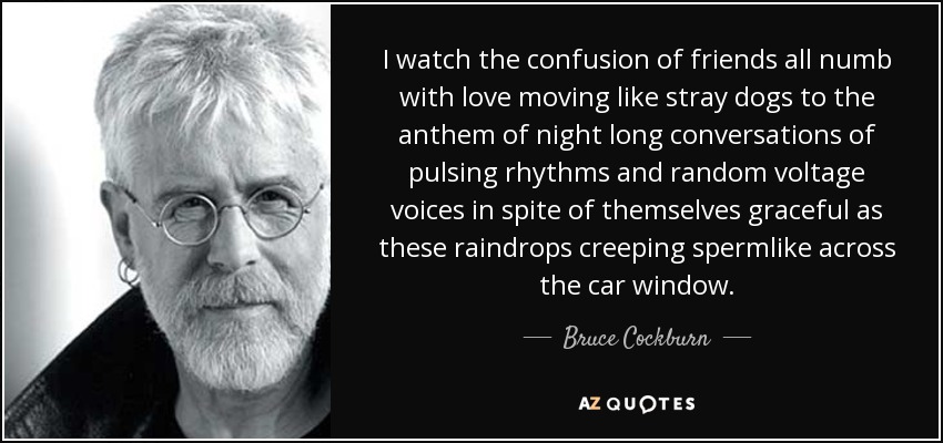 I watch the confusion of friends all numb with love moving like stray dogs to the anthem of night long conversations of pulsing rhythms and random voltage voices in spite of themselves graceful as these raindrops creeping spermlike across the car window. - Bruce Cockburn