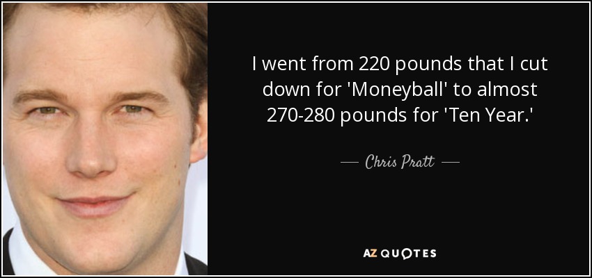 I went from 220 pounds that I cut down for 'Moneyball' to almost 270-280 pounds for 'Ten Year.' - Chris Pratt