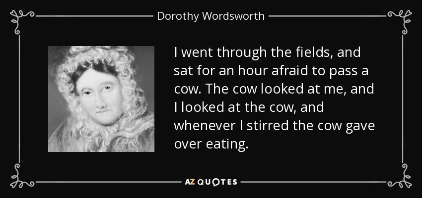 I went through the fields, and sat for an hour afraid to pass a cow. The cow looked at me, and I looked at the cow, and whenever I stirred the cow gave over eating. - Dorothy Wordsworth