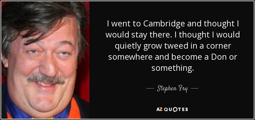 I went to Cambridge and thought I would stay there. I thought I would quietly grow tweed in a corner somewhere and become a Don or something. - Stephen Fry