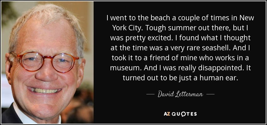 I went to the beach a couple of times in New York City. Tough summer out there, but I was pretty excited. I found what I thought at the time was a very rare seashell. And I took it to a friend of mine who works in a museum. And I was really disappointed. It turned out to be just a human ear. - David Letterman