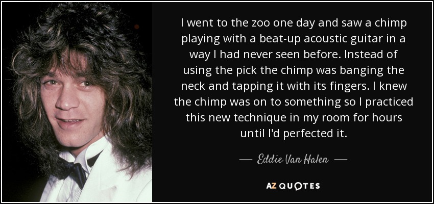 I went to the zoo one day and saw a chimp playing with a beat-up acoustic guitar in a way I had never seen before. Instead of using the pick the chimp was banging the neck and tapping it with its fingers. I knew the chimp was on to something so I practiced this new technique in my room for hours until I'd perfected it. - Eddie Van Halen