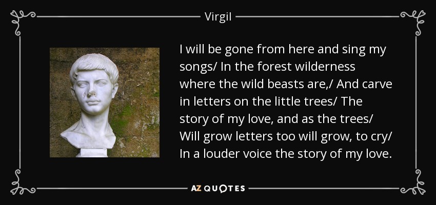 I will be gone from here and sing my songs/ In the forest wilderness where the wild beasts are,/ And carve in letters on the little trees/ The story of my love, and as the trees/ Will grow letters too will grow, to cry/ In a louder voice the story of my love. - Virgil