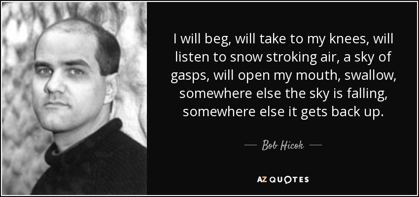 I will beg, will take to my knees, will listen to snow stroking air, a sky of gasps, will open my mouth, swallow, somewhere else the sky is falling, somewhere else it gets back up. - Bob Hicok